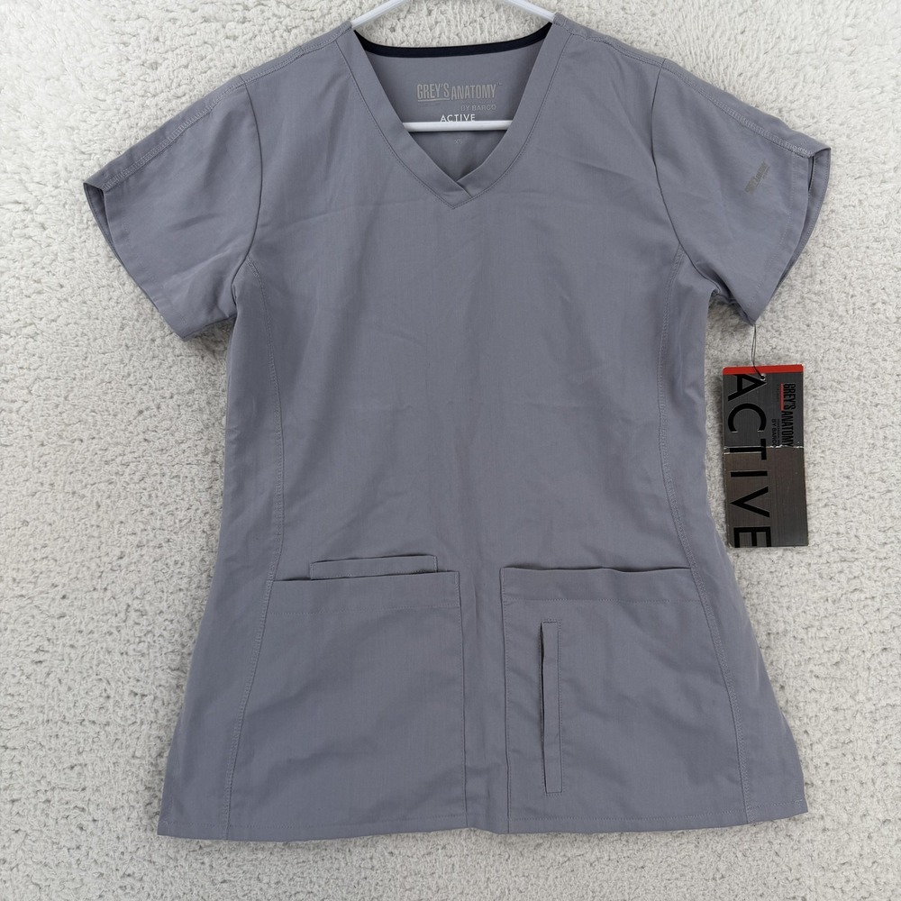 Greys Anatomy Active Shirt Womens XS Gray V Neck Scrub Tunic Top 41423 NWT